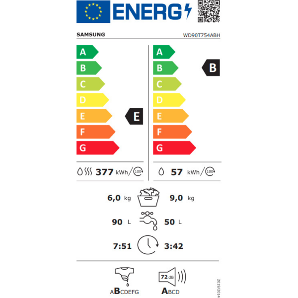 Samsung WD90T754ABH Πλυντήριο-Στεγνωτήριο Ρούχων 9kg/6kg Ατμού 1400 Στροφές με Wi-Fi