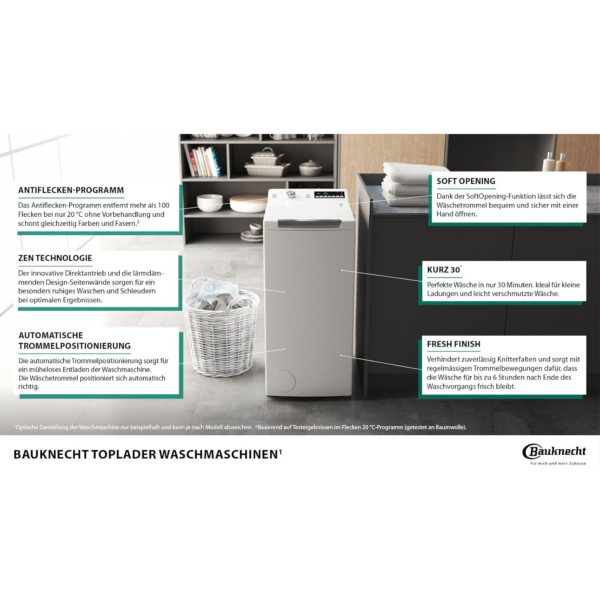 Πλυντήριο ρούχων Bauknecht WMT Pro Eco 6ZB Top-Loading / 6 kg / 1200 rpm / Πρόγραμμα κατά των λεκέδων / FreshFinish / Τεχνολογία ZEN / Καθυστερημένη εκκίνηση / Μαλακό άνοιγμα / Κοντό 30 ίντσες / 15° Πράσινο & Καθαρό