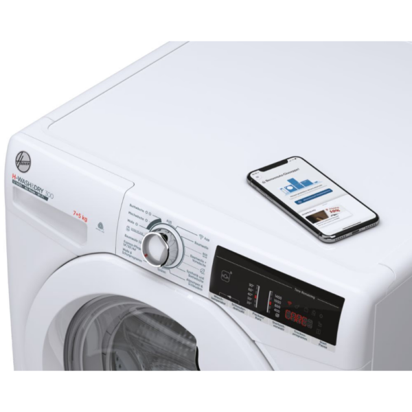 Hoover H3DO4755T2/1-48 Πλυντήριο-Στεγνωτήριο 7/5 kg, 1400 RPM, Κατηγορία συνδυασμένου κύκλου E, προηγμένο τηλεχειριστήριο και πρόσθετο περιεχόμενο (Wi-Fi + BLE), Λευκό, Π x Β x Υ (cm) 60x54x85