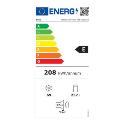 Beko Ψυγείο Δίπορτο 306lt Υ175xΠ59.5xΒ59.2εκ. Γκρι RDSA310M40SN