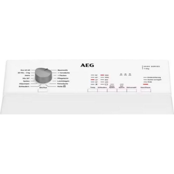 AEG LTR5N30268 Πλυντήριο ρούχων 6 kg με φόρτωση από πάνω, πλάτος 40 cm, 1200 στροφές/λεπτό, AquaStop, προεπιλογή ώρας έναρξης, κλείδωμα ασφαλείας για παιδιά, λειτουργία επαναπλήρωσης, λευκό