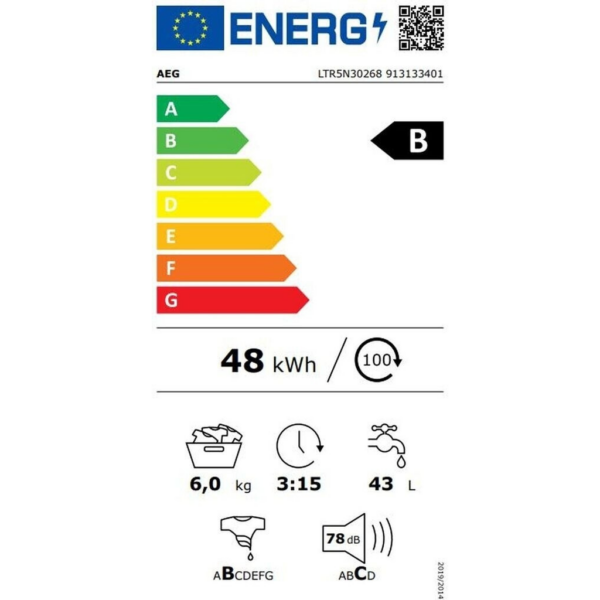 AEG LTR5N30268 Πλυντήριο ρούχων 6 kg με φόρτωση από πάνω, πλάτος 40 cm, 1200 στροφές/λεπτό, AquaStop, προεπιλογή ώρας έναρξης, κλείδωμα ασφαλείας για παιδιά, λειτουργία επαναπλήρωσης, λευκό