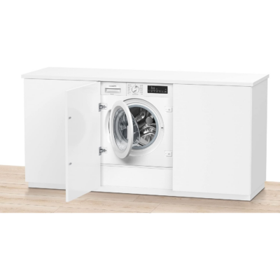 Εντοιχιζόμενο πλυντήριο ρούχων Siemens WI14W443 iQ700, με μπροστινή φόρτωση και χωρητικότητα 8 kg.