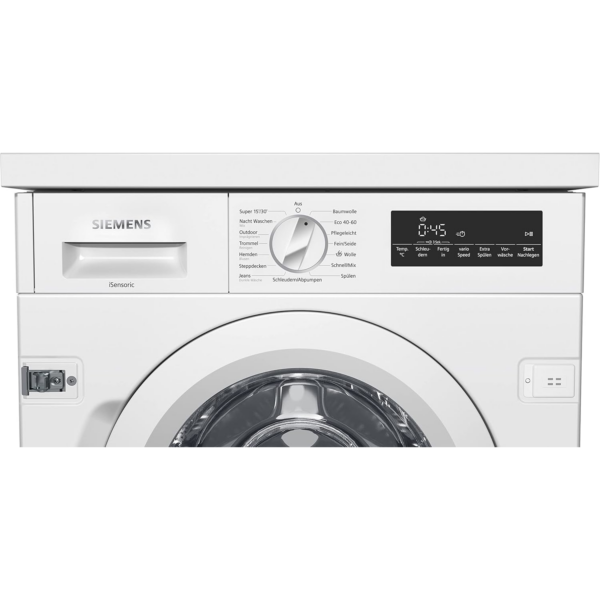 Εντοιχιζόμενο πλυντήριο ρούχων Siemens WI14W443 iQ700, με μπροστινή φόρτωση και χωρητικότητα 8 kg.