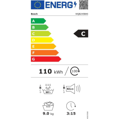 Στεγνωτήριο ρούχων BOSCH Series 8 WQB245B40 με αντλία θερμότητας, χωρητικότητα 9 kg