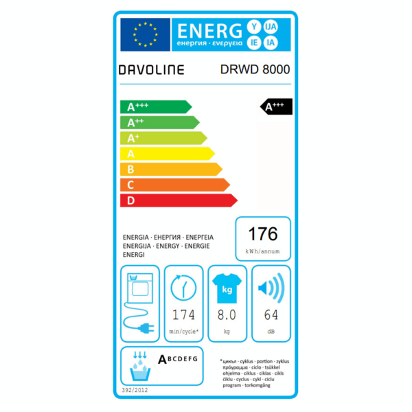 DAVOLINE Στεγνωτήριο 8kg LED A+++ με Αντλία Θερμότητας DRWD 8000
